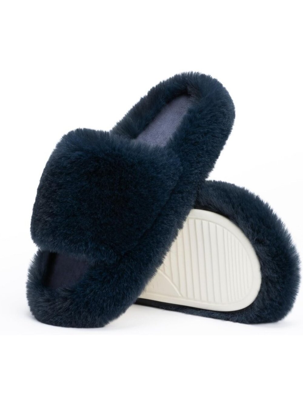 Women's Navy Blue Breathable Foam Faux Fur Lined Open Toe Soft Slipper Shoes